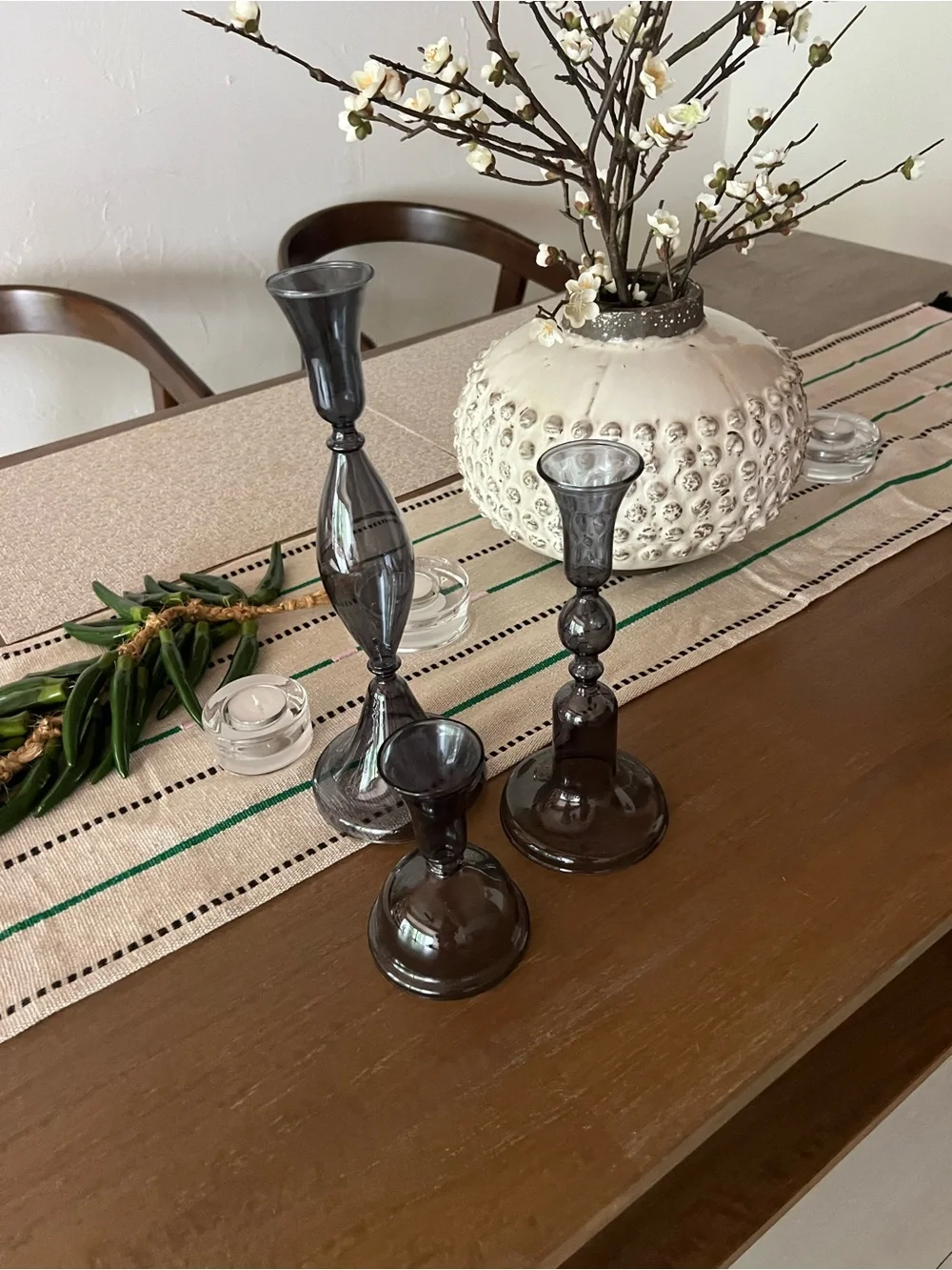CRATE & BARREL. Smoked Blue Glass Taper Candle Holders - Set of 3